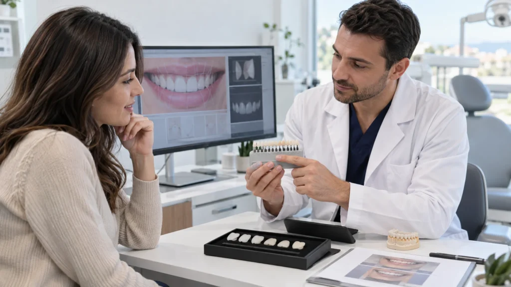 Dentista e paziente discutono faccette dentali, materiali e progetto estetico