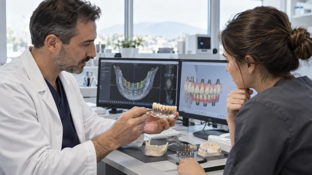 Clinico e tecnico analizzano un progetto All-on-4 e All-on-6 su impianti