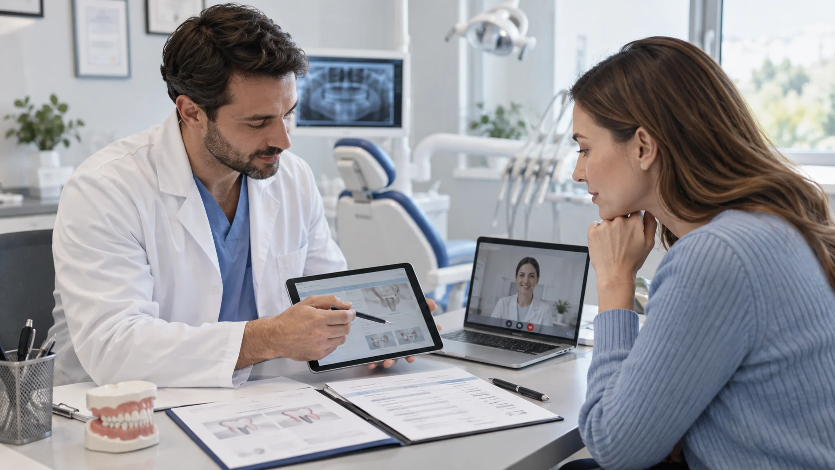 Paziente verifica preventivo e assistenza di una clinica dentale prima del viaggio