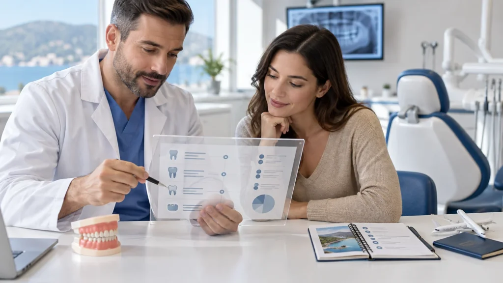 Dentista e paziente discutono il costo totale delle cure e del viaggio