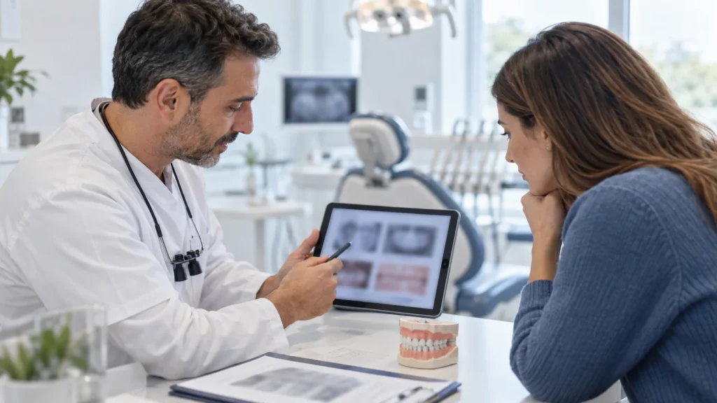 Dentista e paziente esaminano casi clinici anonimizzati e documentazione di follow-up