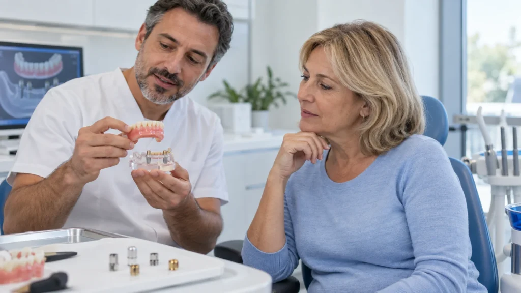 Confronto tra overdenture rimovibile e attacchi su impianti durante una consulenza