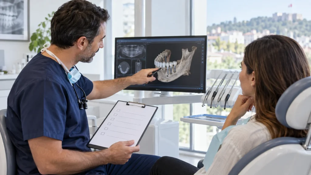 Dentista illustra esami diagnostici e pianificazione prima di un preventivo per impianti