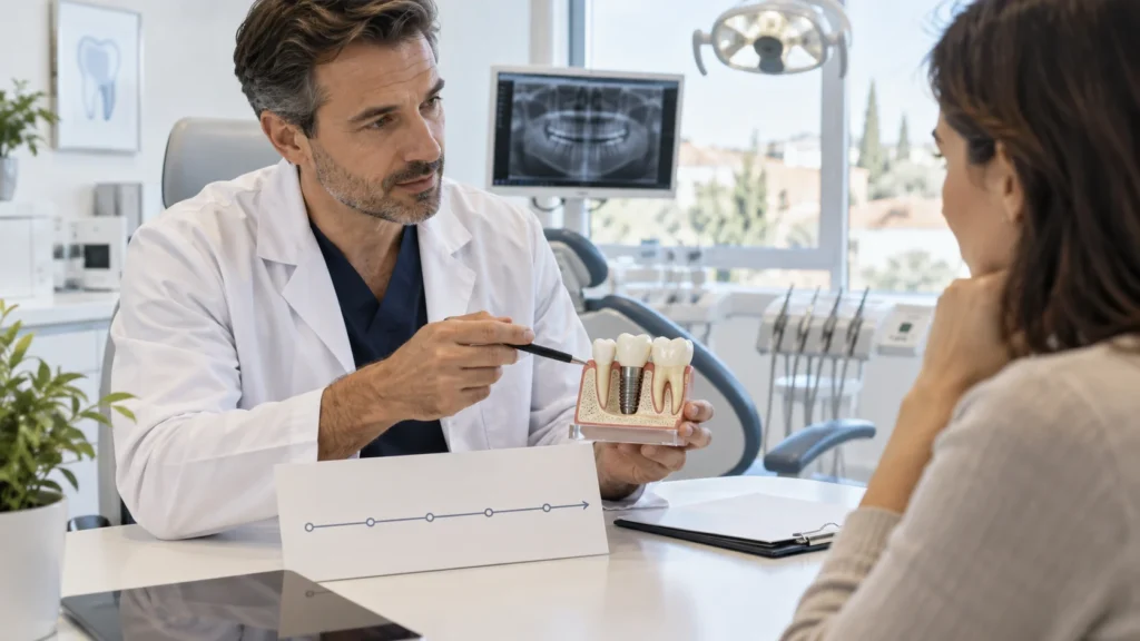 Dentista spiega con un modello il significato del carico immediato su un impianto dentale