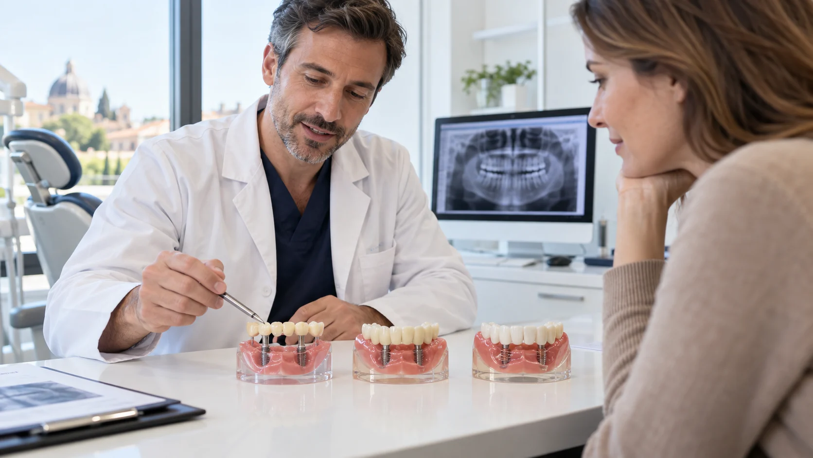 Dentista illustra le fasi dai denti provvisori alla soluzione definitiva su impianti