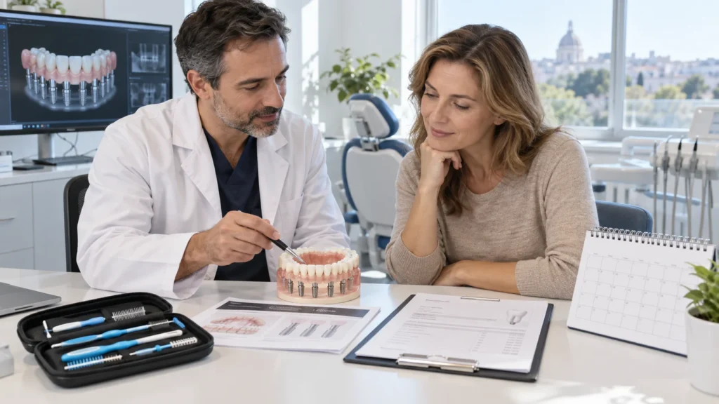 Dentista e paziente discutono manutenzione e follow-up di una riabilitazione completa su impianti