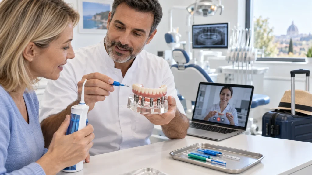 Dentista insegna pulizia e controlli per una riabilitazione All-on-6 dopo il viaggio