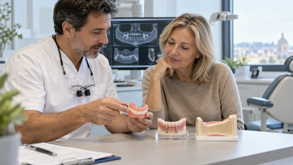 Dentista e paziente confrontano dentiera, soluzione su impianti e opzione per poco osso