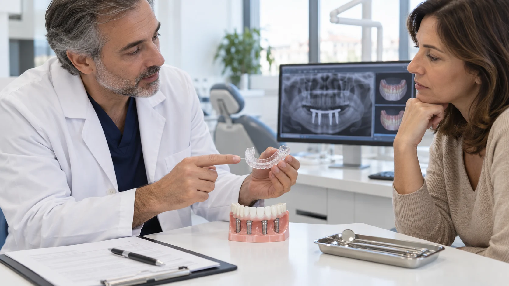 Dentista mostra una protezione notturna e controlli per un paziente con All-on-4 e bruxismo