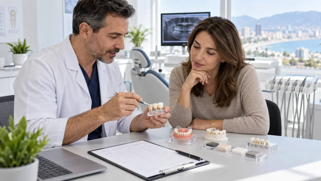 Dentista e paziente confrontano materiali e tipi di protesi dentarie con un preventivo