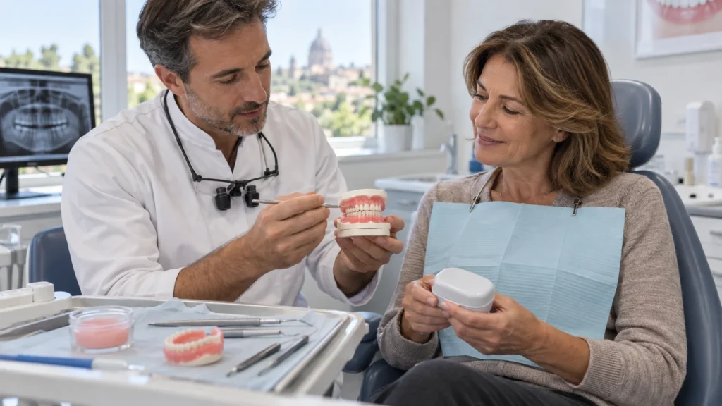 Dentista verifica stabilità e adattamento di una dentiera completa con il paziente