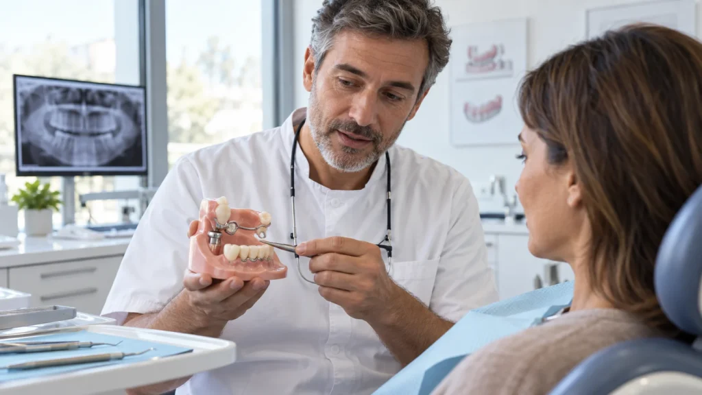 Dentista spiega su un modello come una protesi fissa e una mobile lavorano insieme
