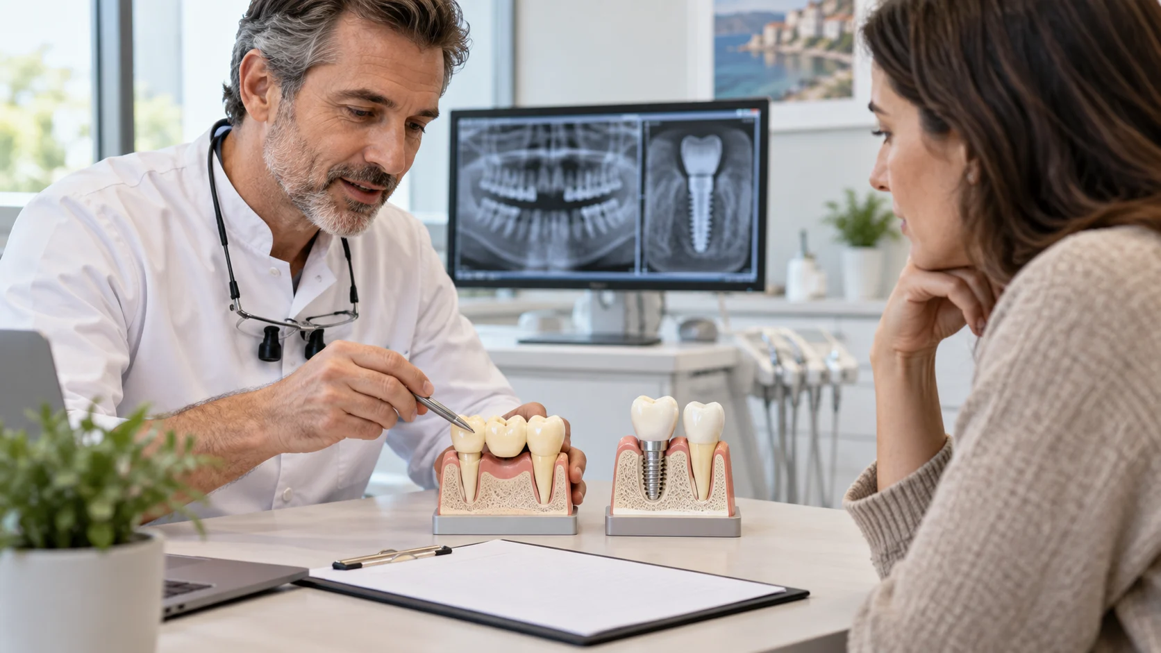 Dentista illustra su modelli la differenza tra ponte dentale e impianto