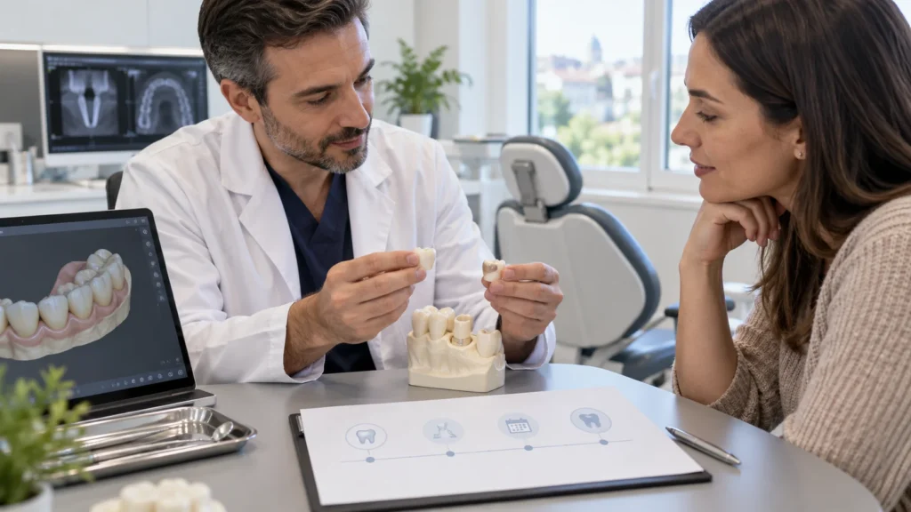 Dentista confronta corona provvisoria e definitiva durante la pianificazione del trattamento