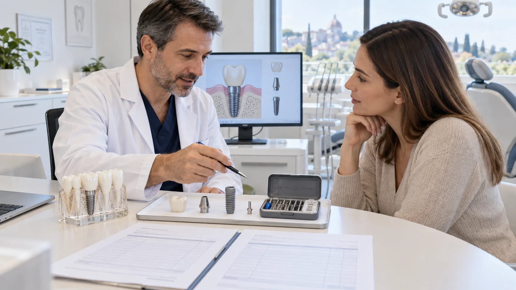 Dentista e paziente esaminano componenti e voci di un preventivo per protesi su impianti