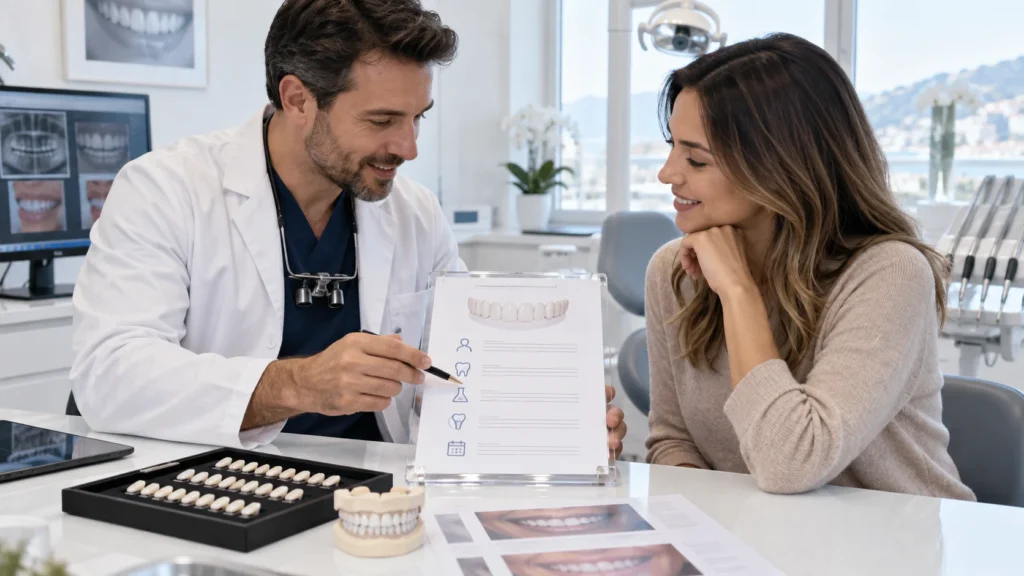 Dentista e paziente valutano faccette, campioni e preventivo completo per dente