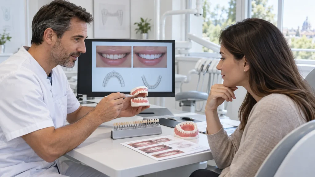 Dentista e paziente discutono numero di arcate, colore e risultato naturale delle faccette