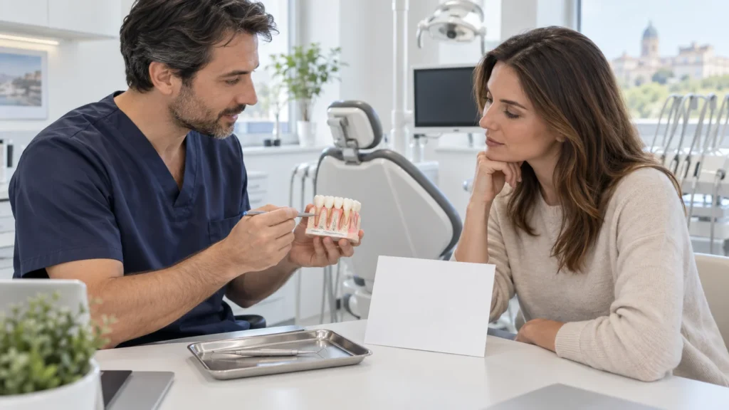 Dentista valuta gengive e tessuti su un modello prima di discutere le faccette dentali