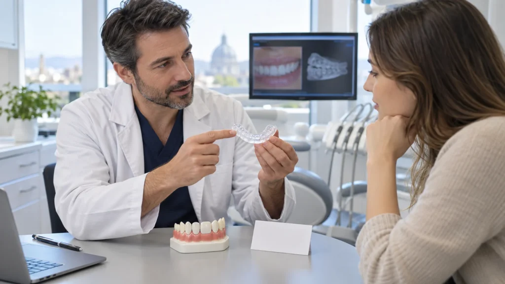 Dentista spiega un bite di protezione a un paziente con faccette e bruxismo