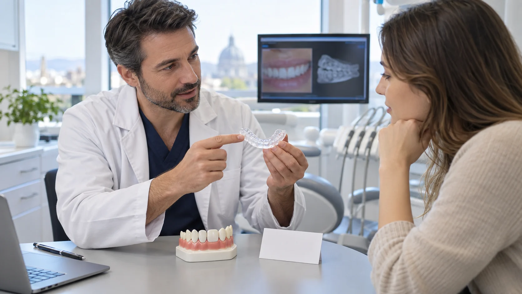 Dentista spiega un bite di protezione a un paziente con faccette e bruxismo