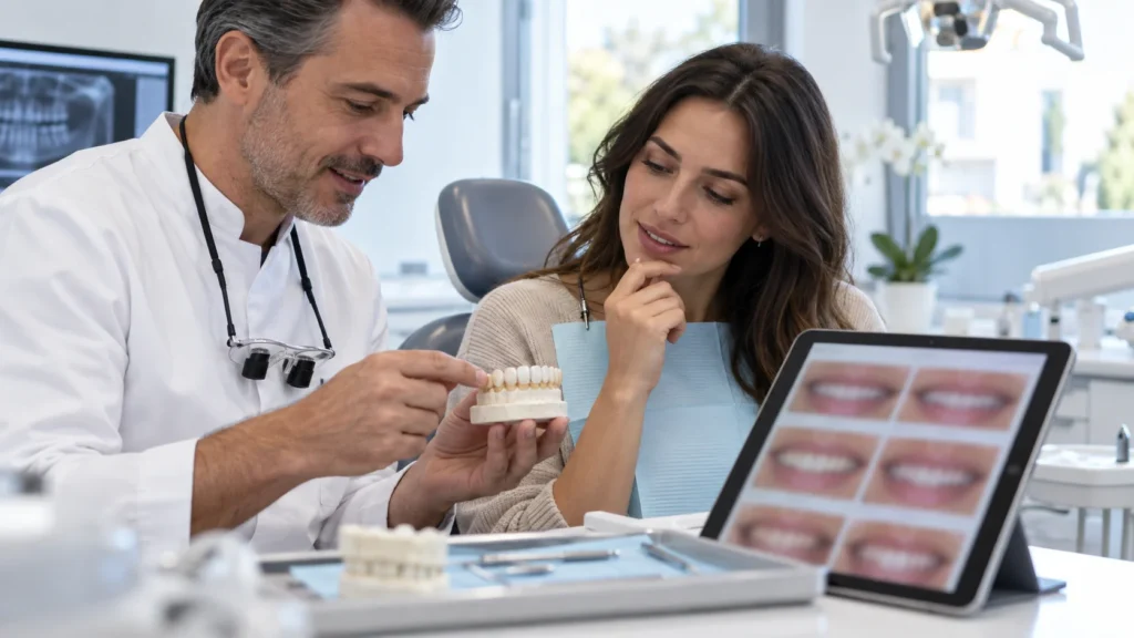 Dentista e paziente valutano un mock-up e casi clinici anonimizzati prima delle faccette
