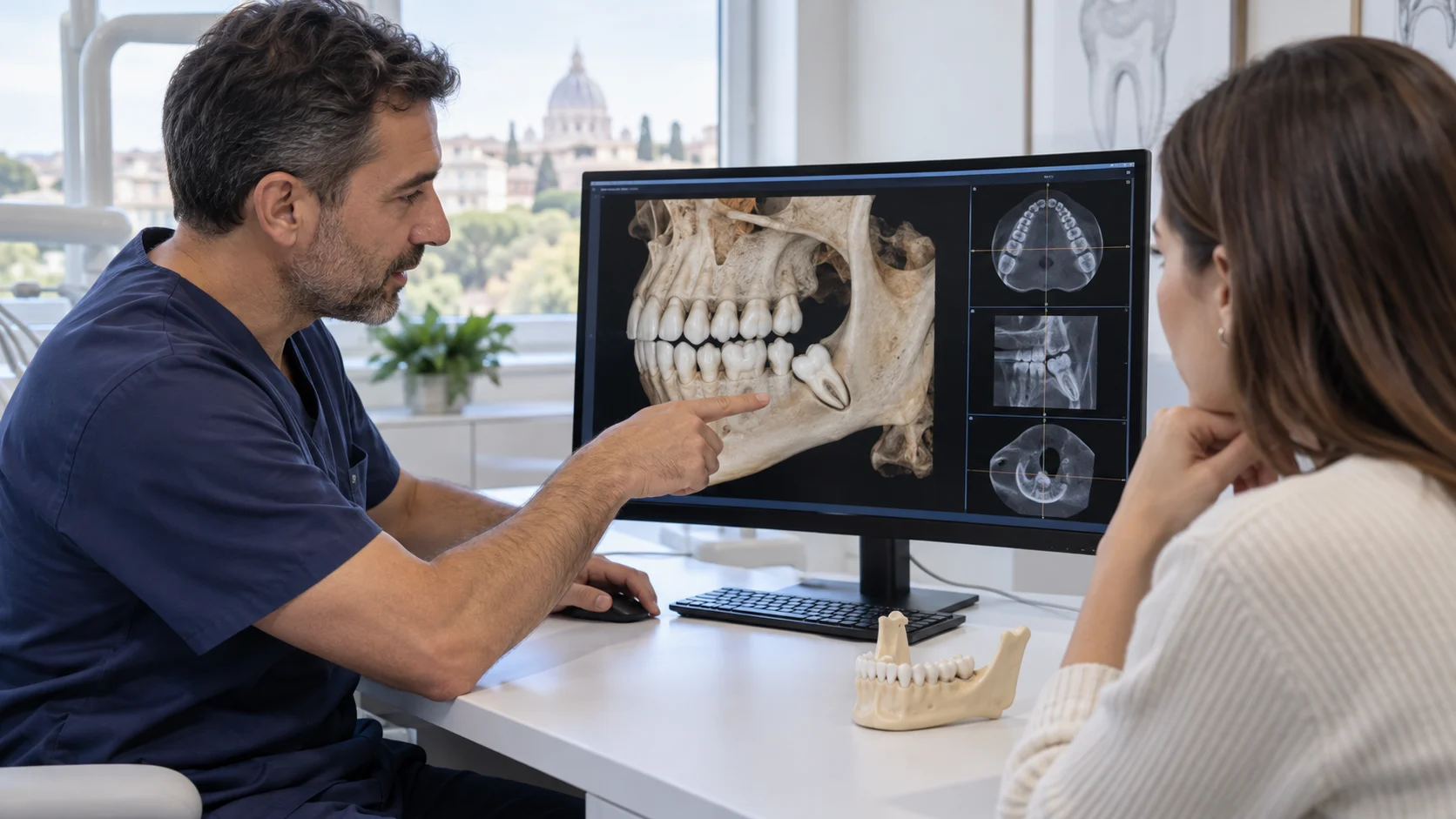 Dentista spiega una TAC del dente del giudizio incluso a un paziente durante la consulenza