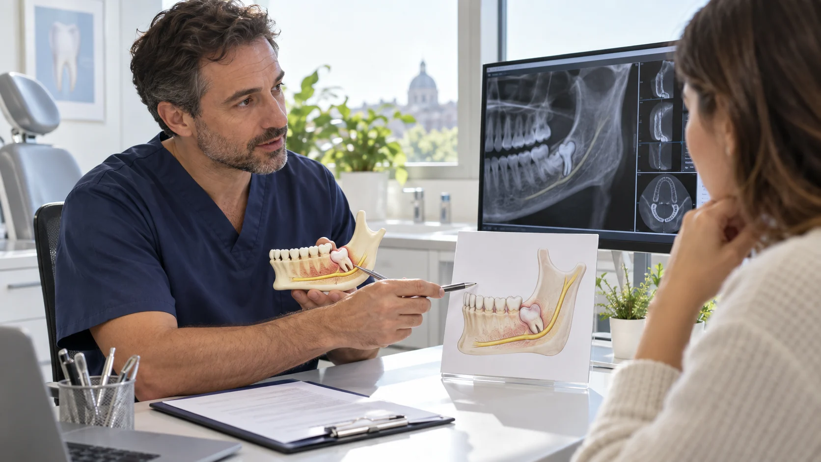 Chirurgo orale illustra su un modello il rapporto tra dente del giudizio e nervo mandibolare