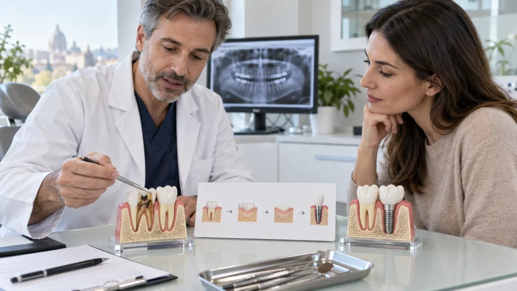Dentista spiega il passaggio da un dente compromesso alla pianificazione di un impianto