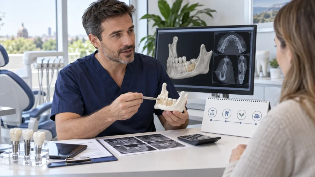 Dentista illustra esami e guarigione di un innesto osseo dentale con un modello mandibolare