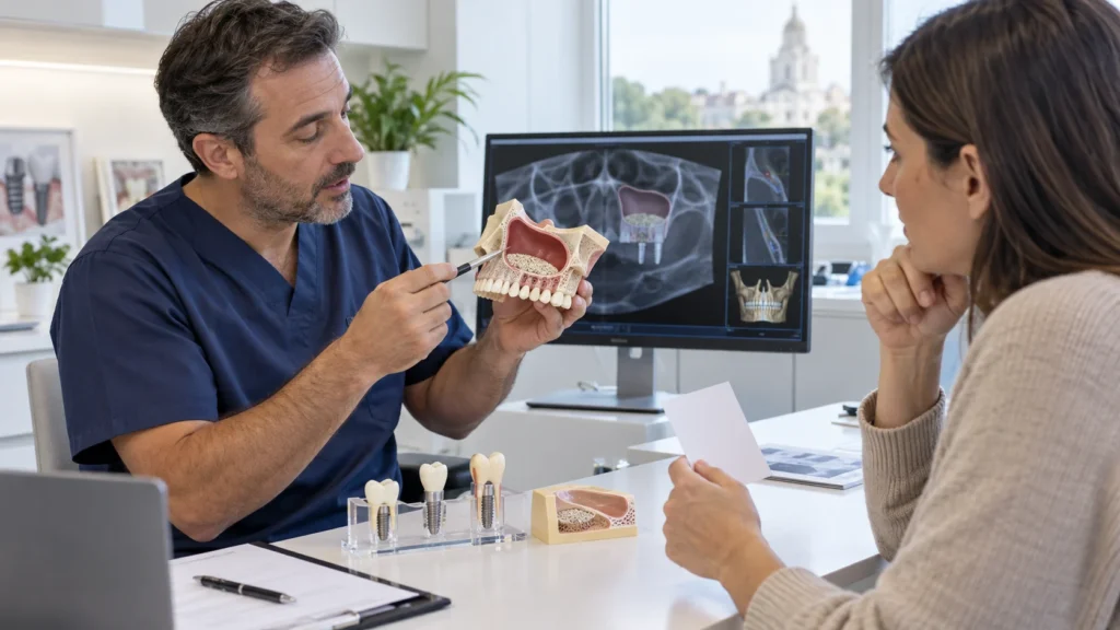 Chirurgo orale spiega il rialzo del seno mascellare con un modello e una scansione diagnostica