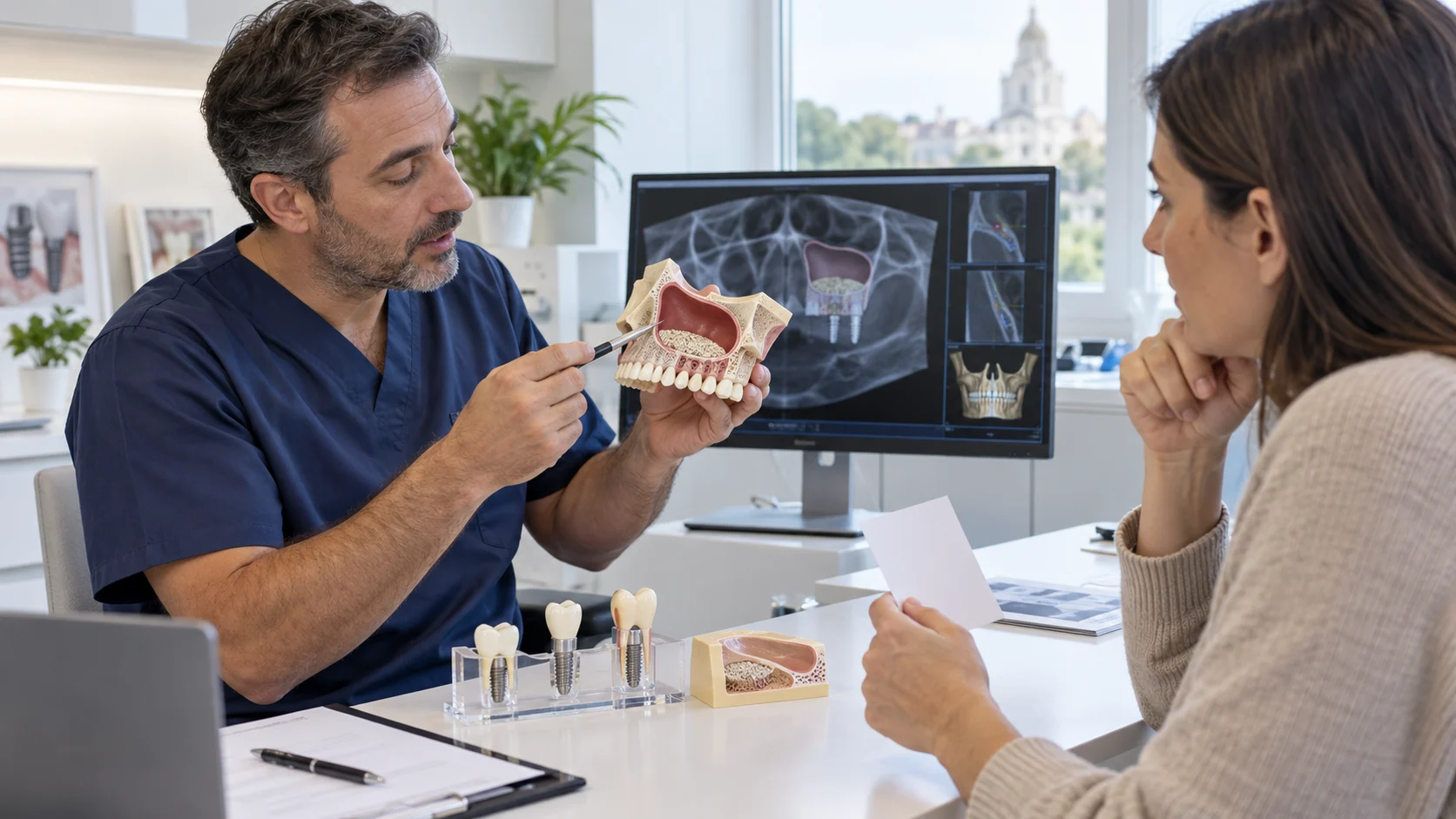 Chirurgo orale spiega il rialzo del seno mascellare con un modello e una scansione diagnostica