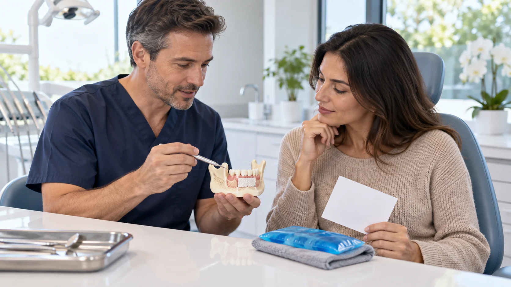 Dentista e paziente discutono follow-up, gonfiore e segnali dopo un innesto osseo