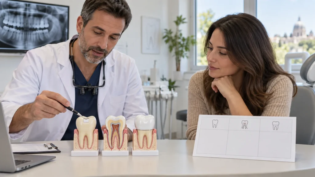 Dentista confronta otturazione, terapia canalare e corona su modelli durante una consulenza