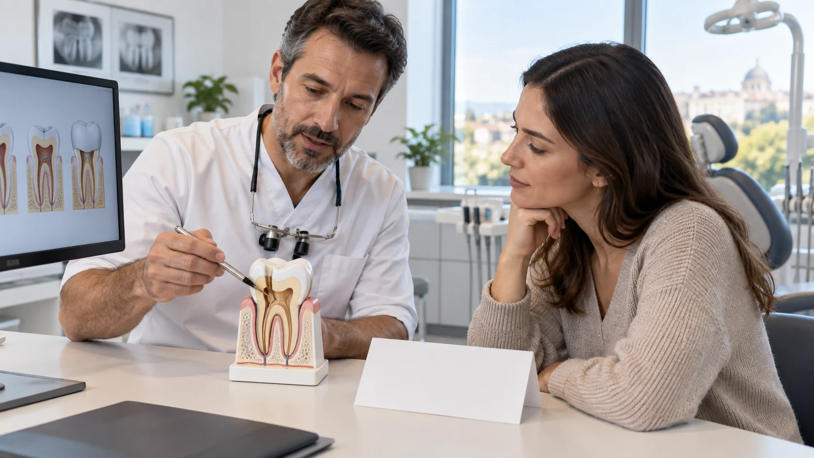 Dentista spiega su un modello quando un dente devitalizzato può richiedere una corona