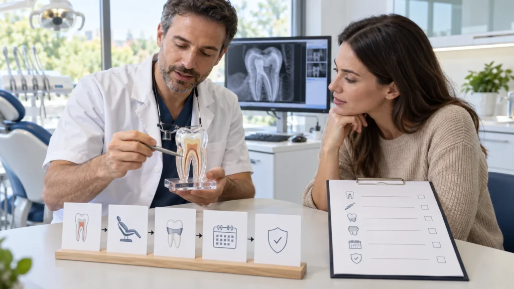 Dentista e paziente esaminano sedute, costi e voci di un preventivo per terapia canalare