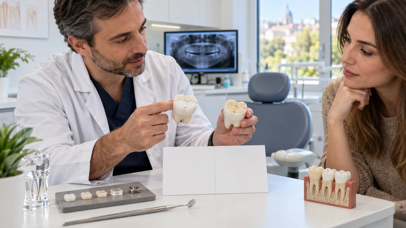 Dentista confronta intarsio e otturazione su modelli dentali durante una consulenza