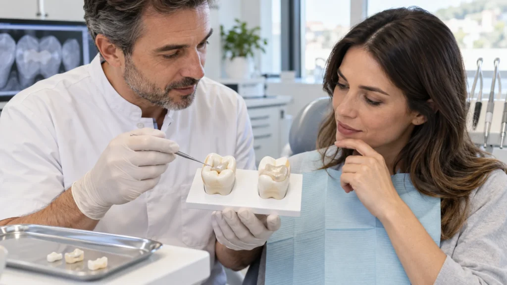 Dentista mostra su due modelli la differenza tra inlay e onlay e le relative indicazioni