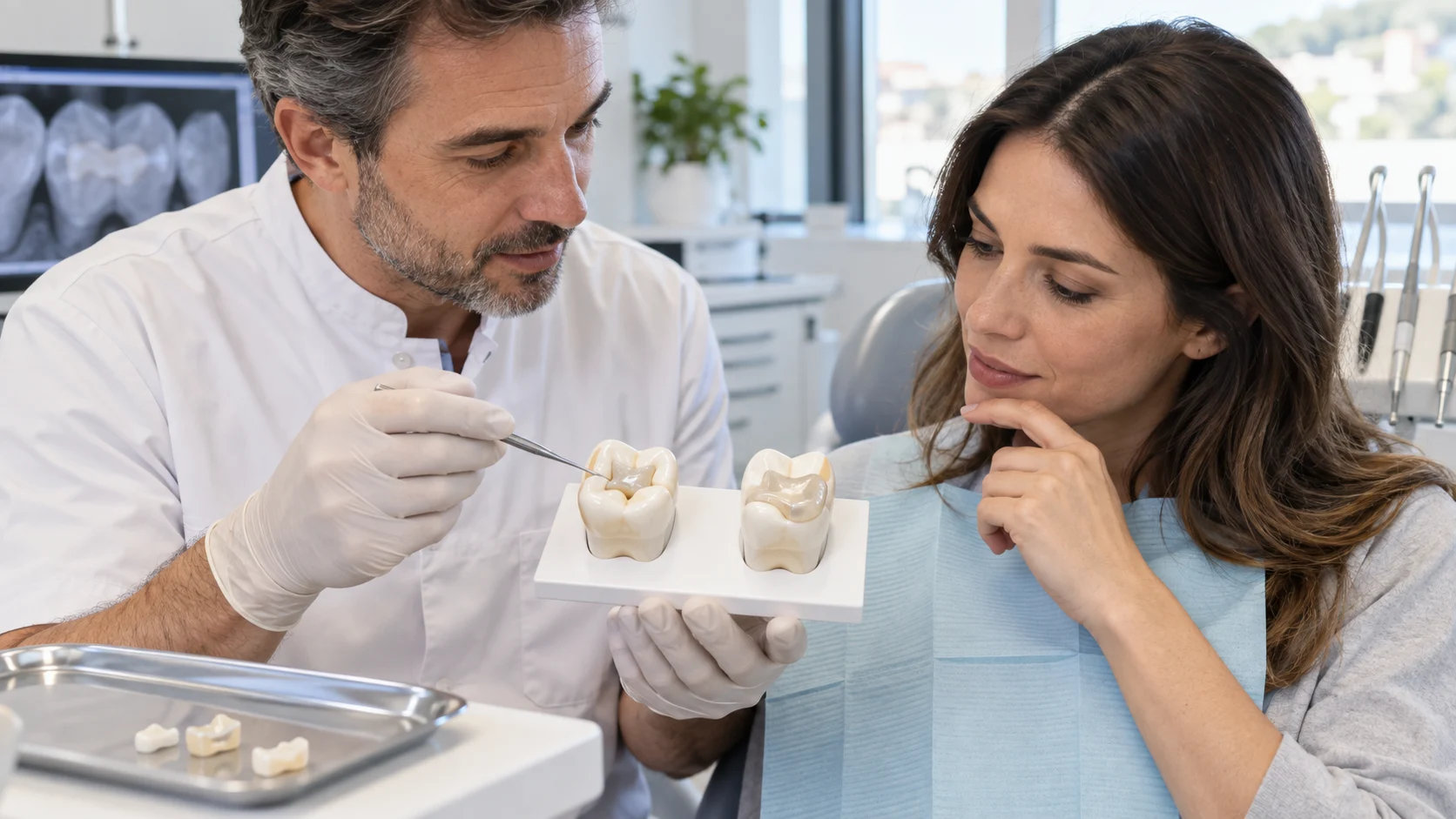 Dentista mostra su due modelli la differenza tra inlay e onlay e le relative indicazioni