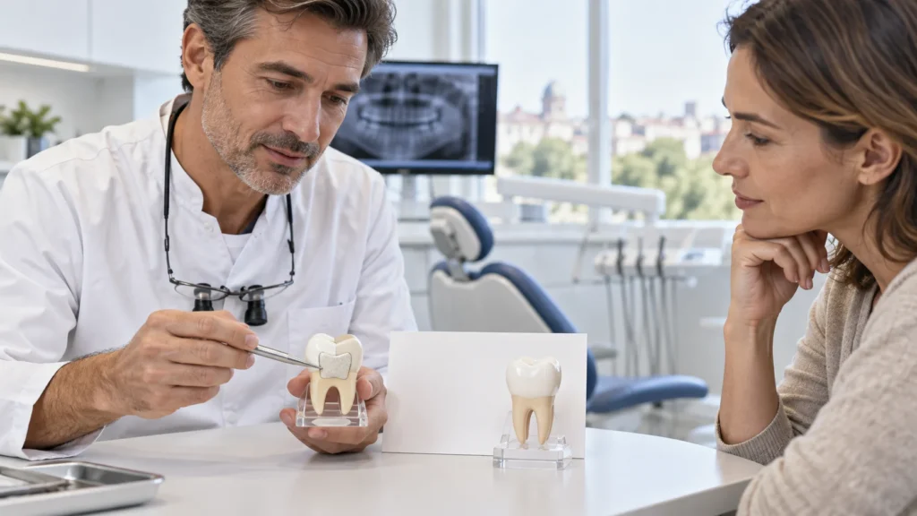Dentista confronta ricostruzione conservativa e corona su modelli durante una consulenza