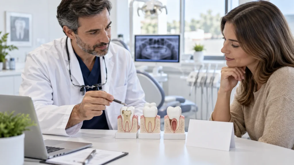Dentista e paziente discutono ricostruzione, corona o estrazione per un dente fratturato