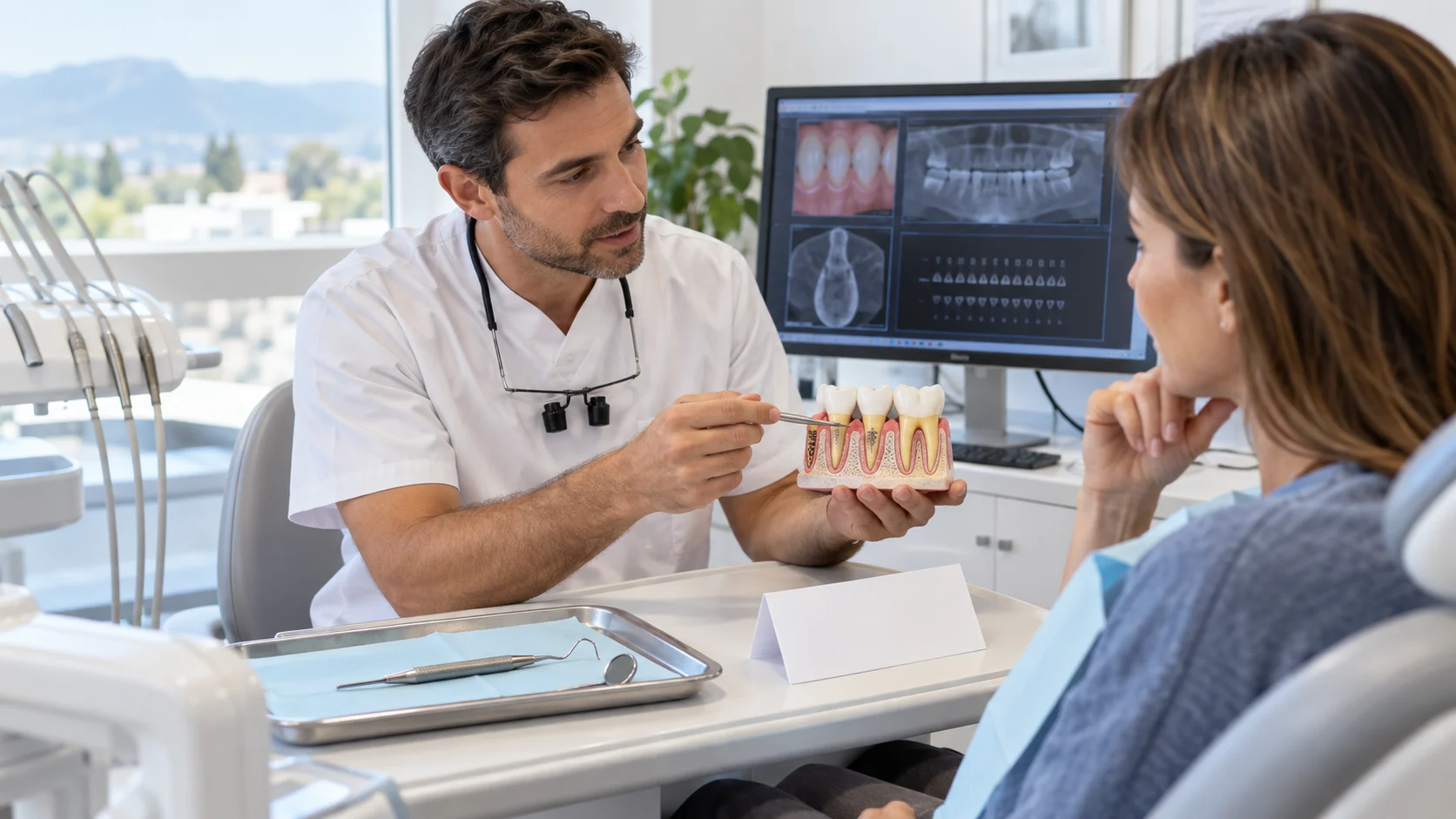 Dentista illustra esami e valutazione parodontale con modello dentale e scansione diagnostica