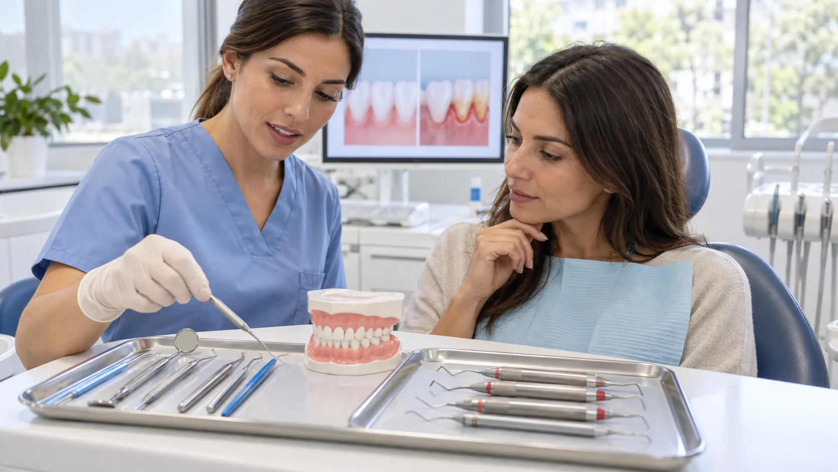 Igienista confronta strumenti per pulizia dentale e cure parodontali durante una consulenza