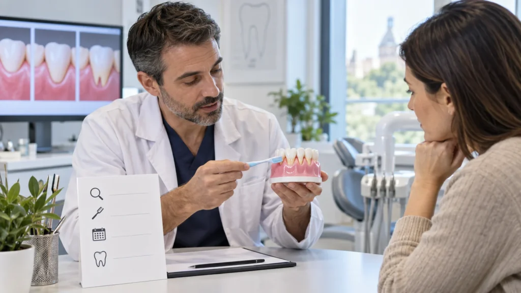 Dentista spiega cause e opzioni per la recessione gengivale con modello e spazzolino