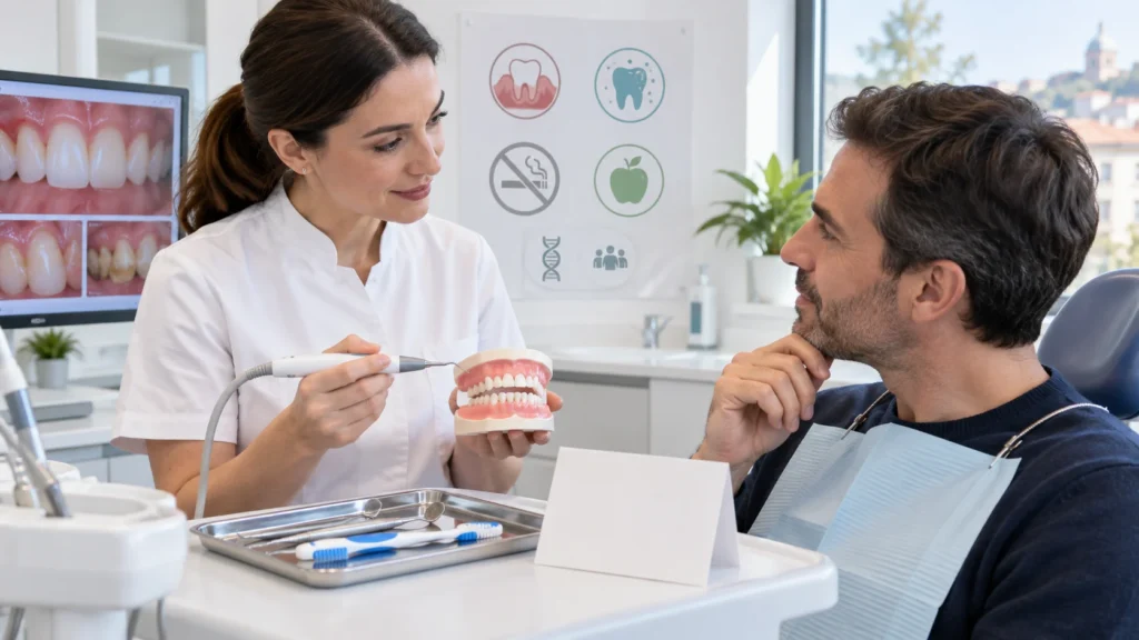 Igienista spiega frequenza della detartrasi con strumenti e modello dentale