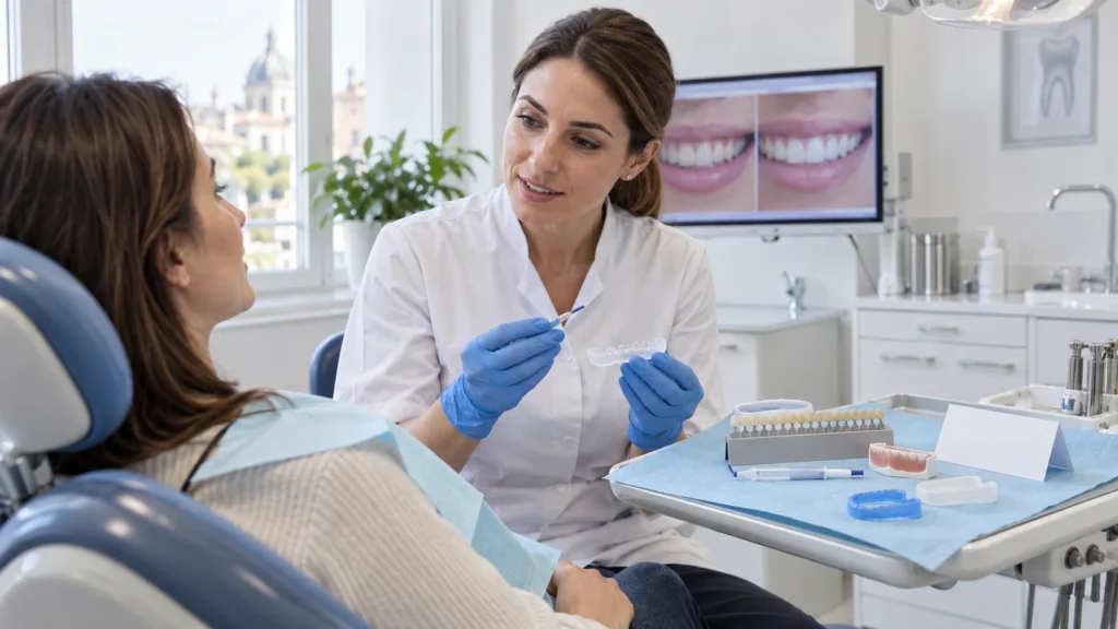 Dentista prepara il paziente allo sbiancamento discutendo sensibilità e protezione delle gengive