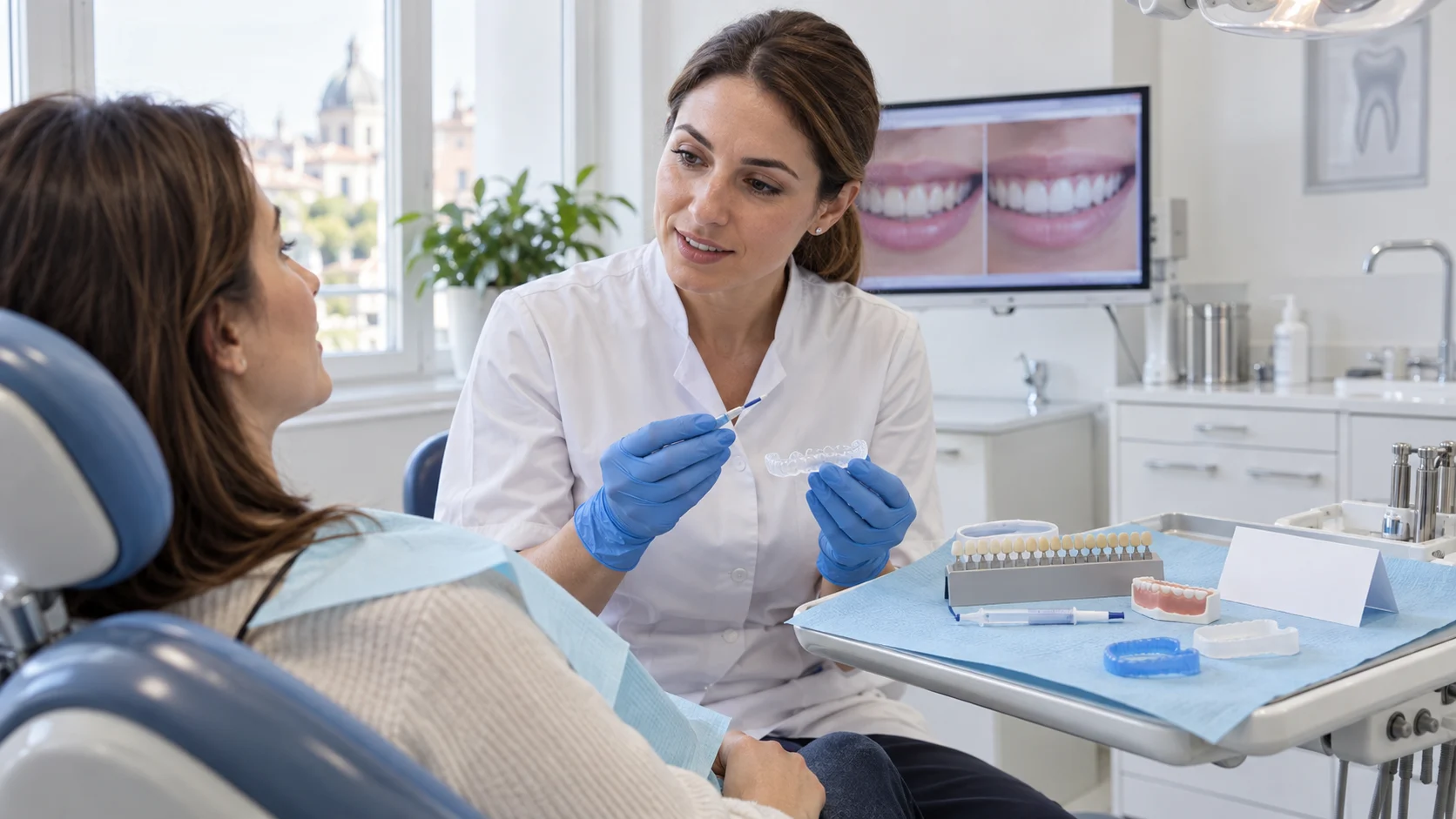 Dentista prepara il paziente allo sbiancamento discutendo sensibilità e protezione delle gengive