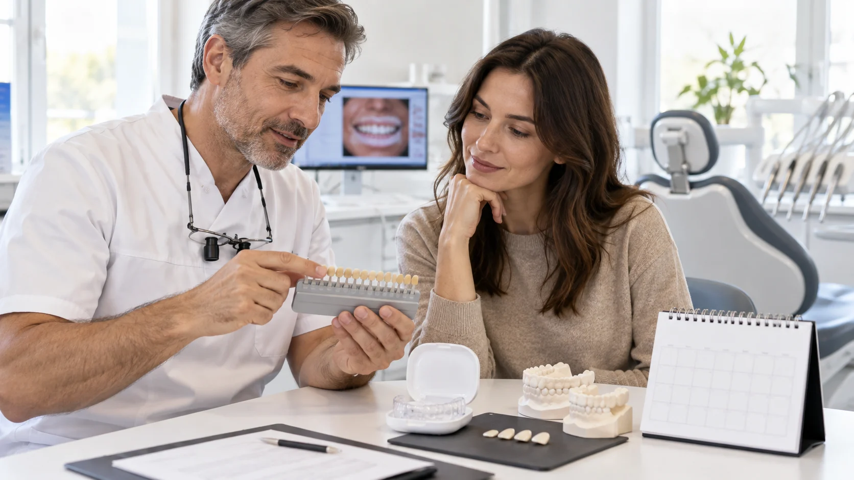 Dentista e paziente pianificano tempi dello sbiancamento prima di valutare le faccette