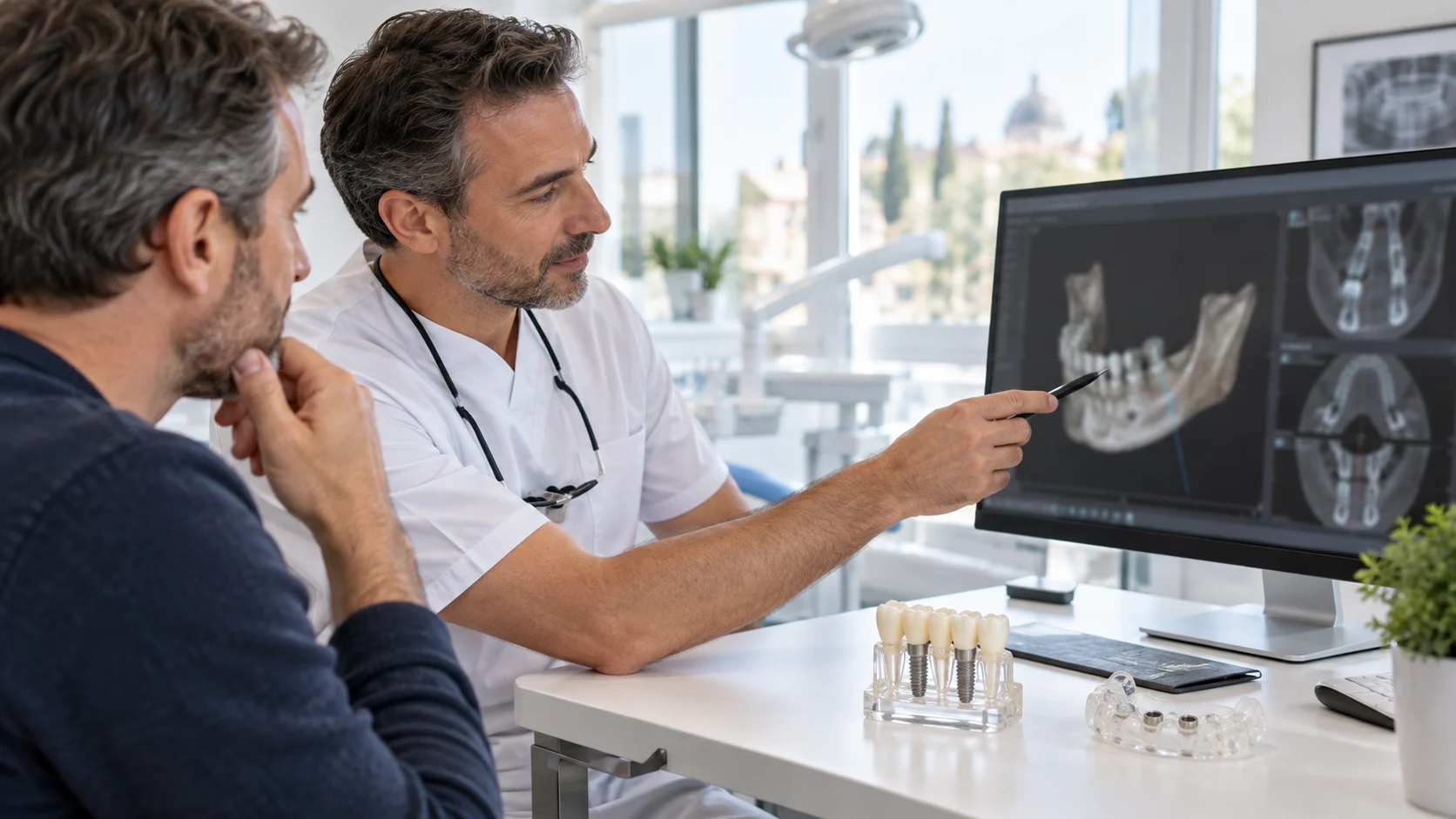 Dentista esamina una TAC Cone Beam per pianificare un impianto dentale