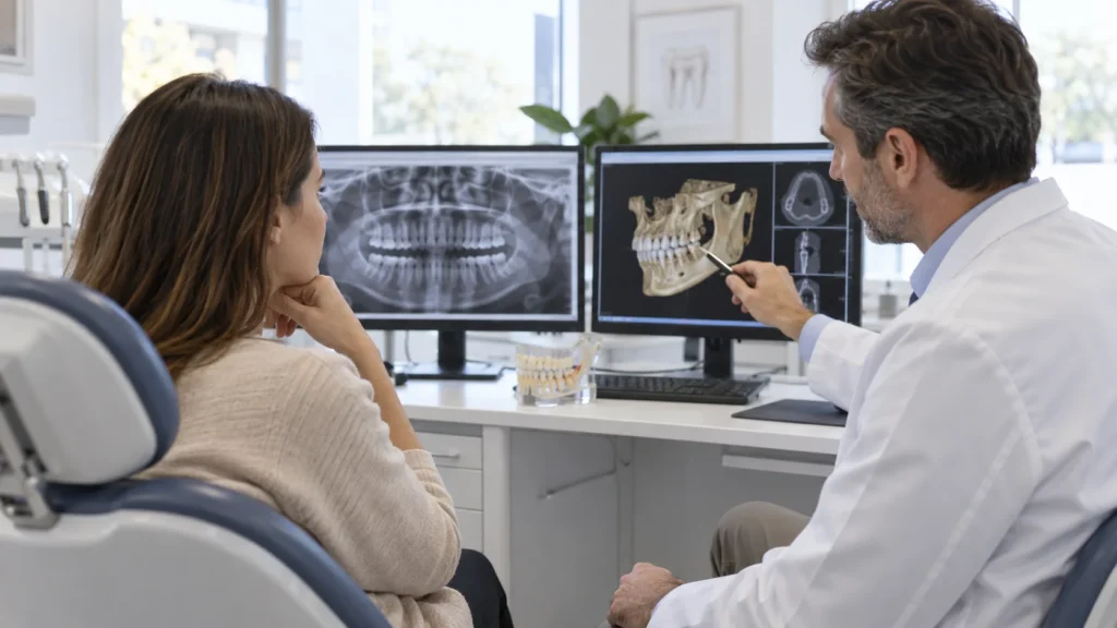 Dentista confronta una panoramica e una CBCT durante una consulenza diagnostica