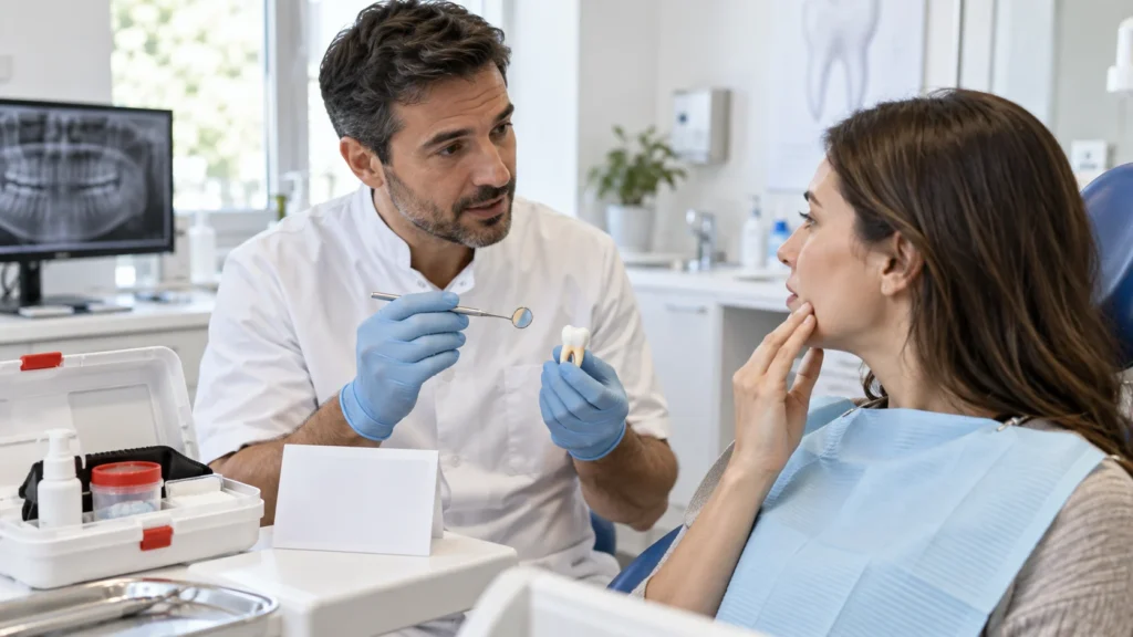 Dentista valuta un paziente dopo un trauma dentale e spiega le prime indicazioni